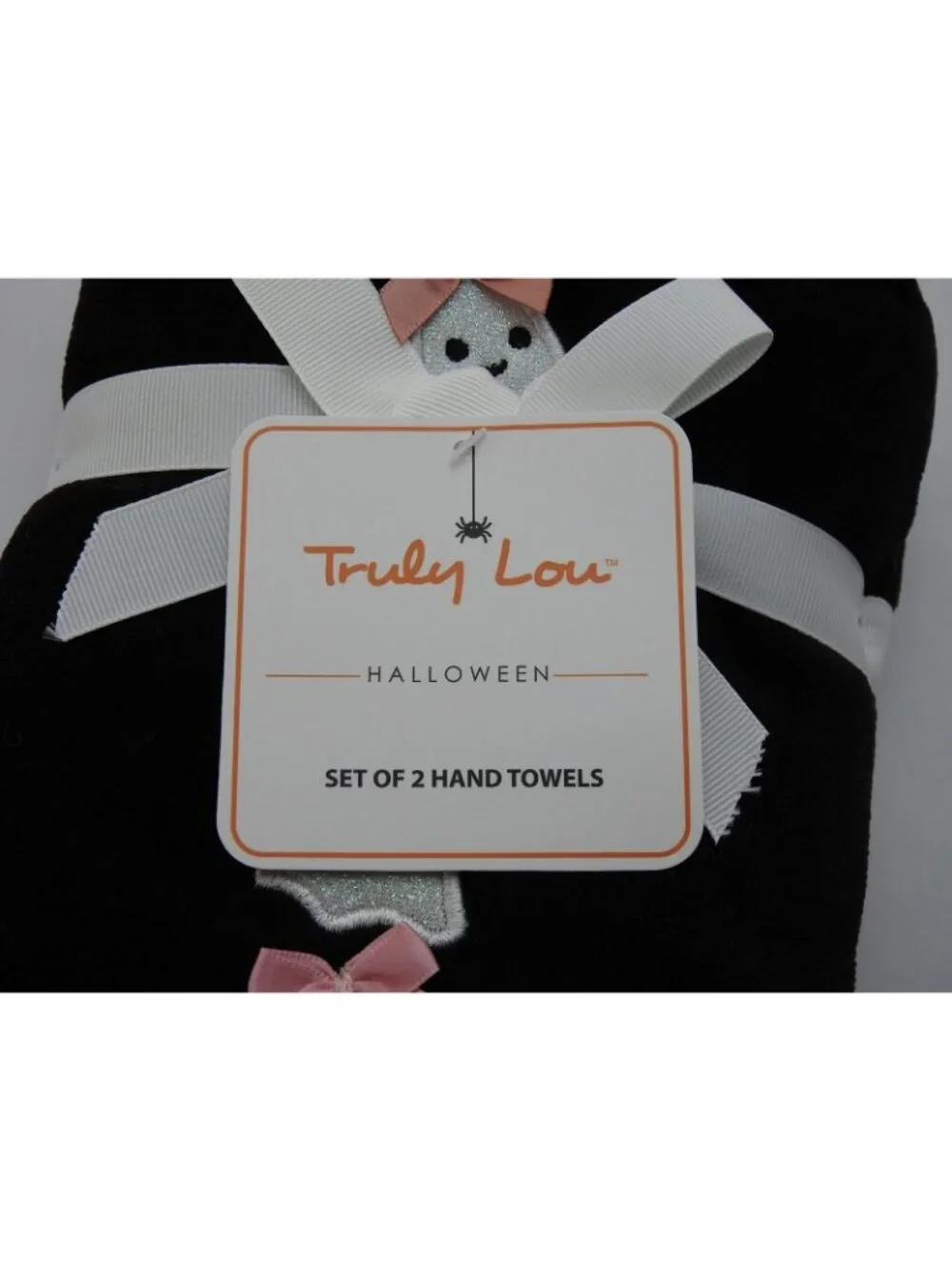 Truly Lou Halloween Hand Towels Set 2 Black Pink Ghost Bow Spooky Cute NWT